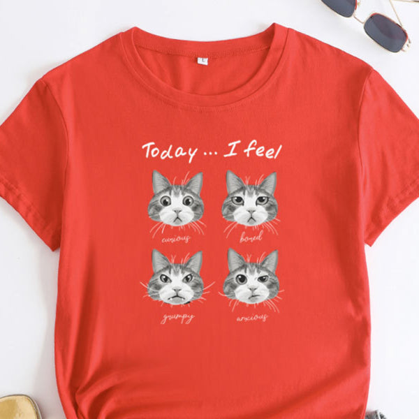 🖤 Cute Cat Print T-Shirt Round Neck Short Sleeve Casual Tee 🖤
