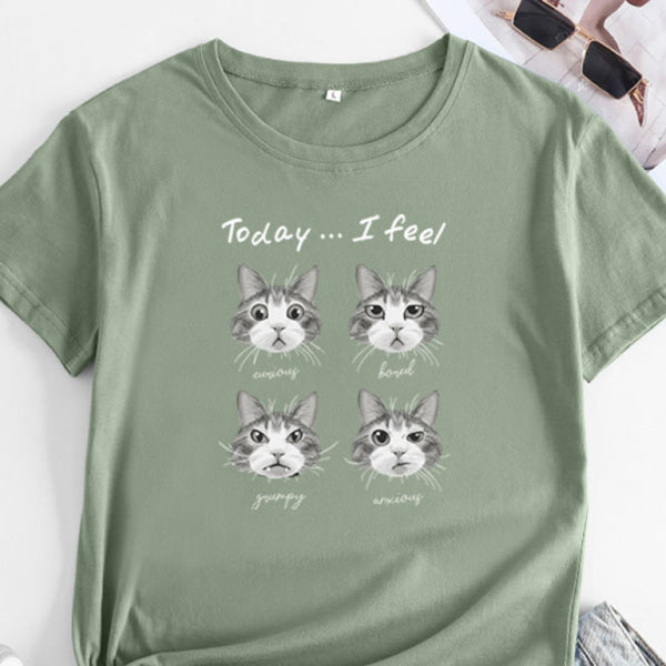 🖤 Cute Cat Print T-Shirt Round Neck Short Sleeve Casual Tee 🖤