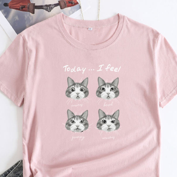🖤 Cute Cat Print T-Shirt Round Neck Short Sleeve Casual Tee 🖤