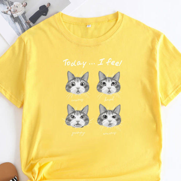🖤 Cute Cat Print T-Shirt Round Neck Short Sleeve Casual Tee 🖤