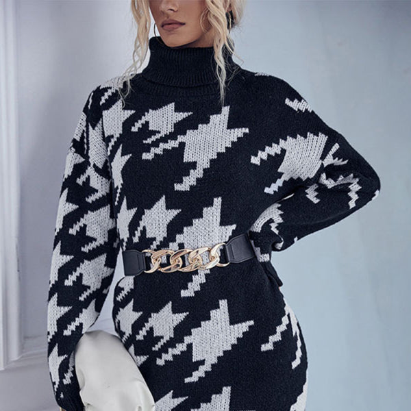 π€ Cozy Chic Houndstooth Sweater Dress β Turtleneck, Long Sleeve & Stylish Fit π€