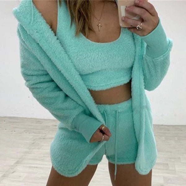 ποΈ Chic 3-Piece Plush Shorts Set Jacket Vest Lounge Outfit β Comfy & Stylish β¨