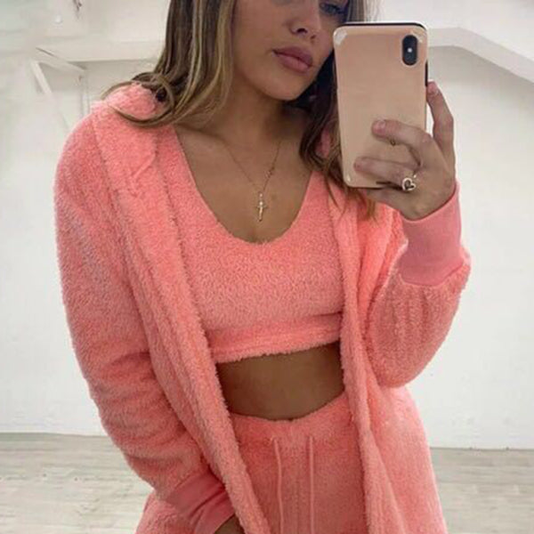 ποΈ Chic 3-Piece Plush Shorts Set Jacket Vest Lounge Outfit β Comfy & Stylish β¨