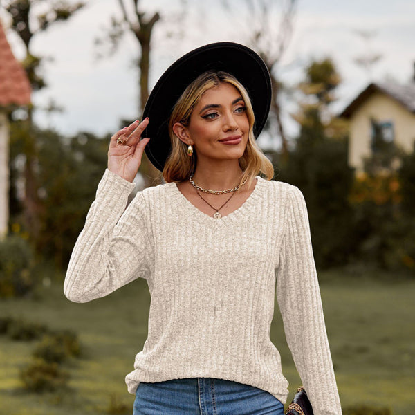 ✨ Chic & Cozy V-Neck Long Sleeve Top – Stylish Brushed Knit Tee for Any Occasion ✨