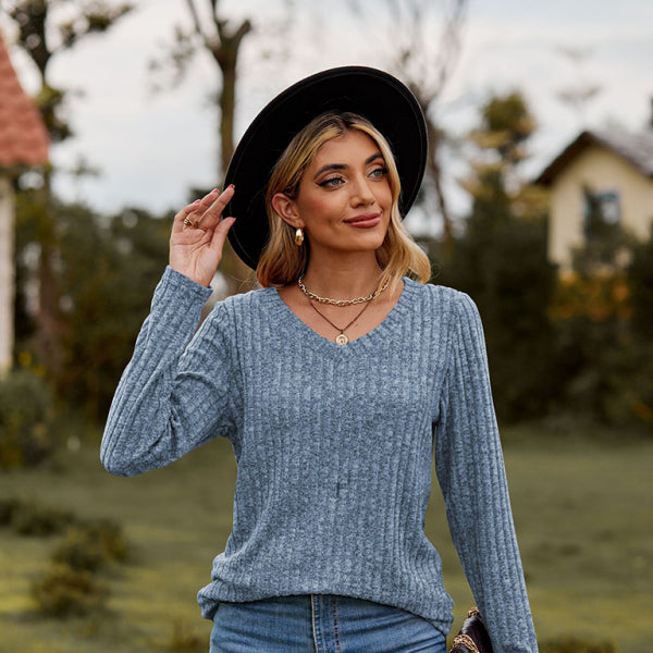 ✨ Chic & Cozy V-Neck Long Sleeve Top – Stylish Brushed Knit Tee for Any Occasion ✨