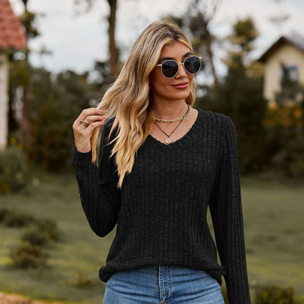 ✨ Chic & Cozy V-Neck Long Sleeve Top – Stylish Brushed Knit Tee for Any Occasion ✨