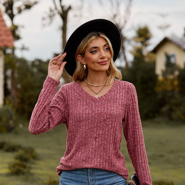✨ Chic & Cozy V-Neck Long Sleeve Top – Stylish Brushed Knit Tee for Any Occasion ✨