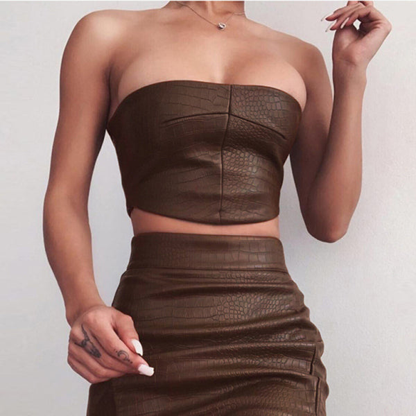 β¨ Chic & Sexy PU Skirt Set β Strapless Tube Top & Mini Skirt for a Bold Look β¨