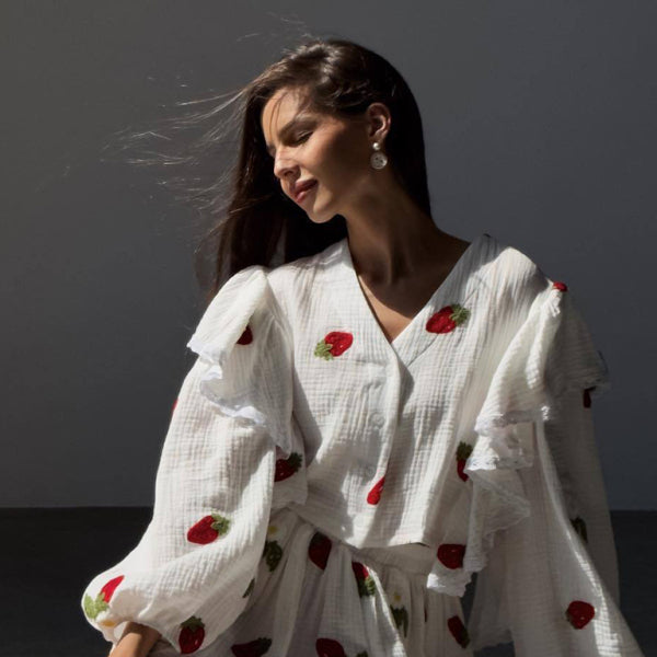 π Chic Strawberry Print Skirt Set β Cozy & Cute Loungewear for Women π