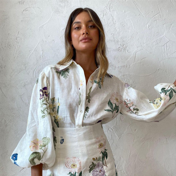 πΈ Chic Floral Two-Piece Set β Long Sleeve Blouse & High-Waist Shorts for Effortless Elegance πΈ