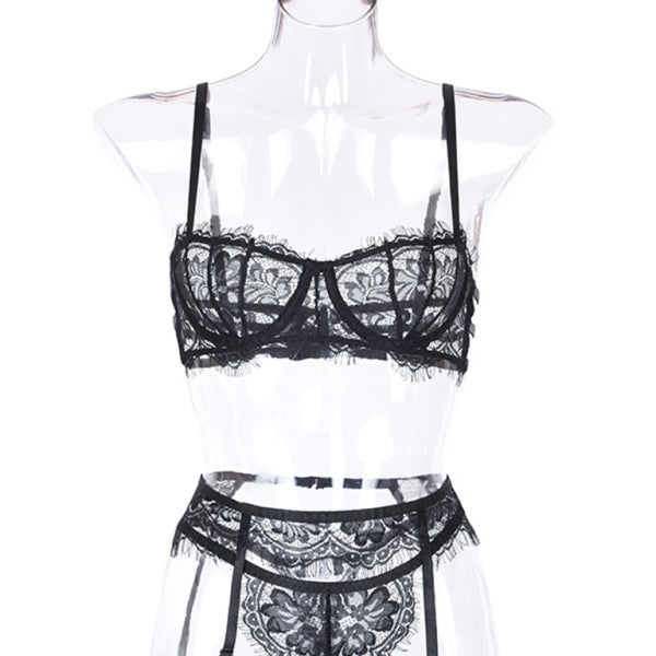 🔥 Sexy Hollow Lace Lingerie Set – 3 Piece Bra & Panty Suit for Women 🔥