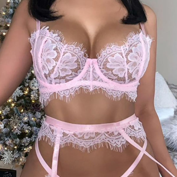 🔥 Sexy Hollow Lace Lingerie Set – 3 Piece Bra & Panty Suit for Women 🔥