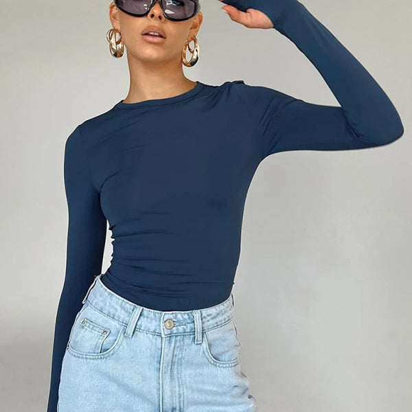 🔥 Slim Fit Long Sleeve T-Shirt for Women Round Neck Solid Color Trendy Basic Top 🔥