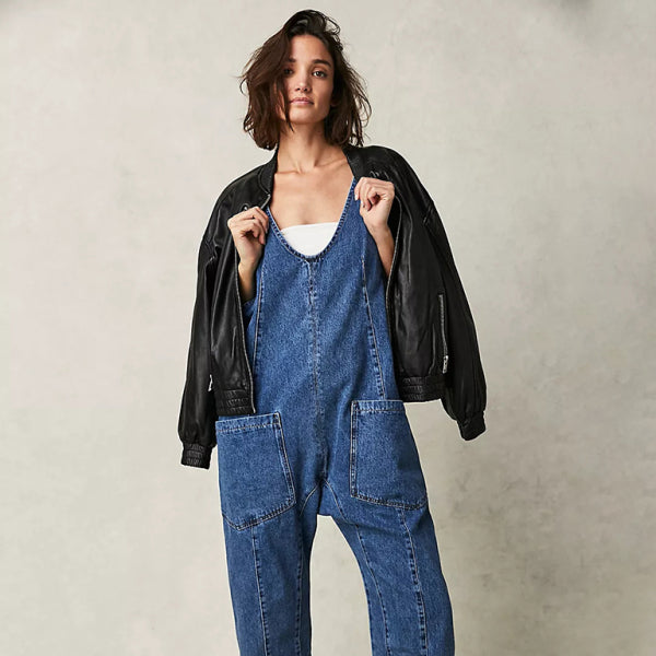 🛍️ Chic Washed Denim V-Neck Jumpsuit Adjustable Overalls – Trendy & Comfy Must-Have 🤩