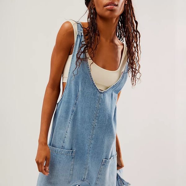 🛍️ Chic Washed Denim V-Neck Jumpsuit Adjustable Overalls – Trendy & Comfy Must-Have 🤩