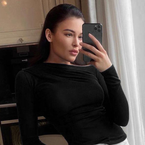 π Chic Long Sleeve Slim Fit Tee β Versatile Round Neck Pleated Knit Top for All Seasons π