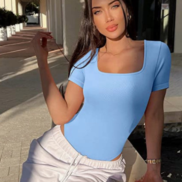 🔥 Must-Have Sexy Square Neck Bodysuit – Flattering & Chic Short Sleeve Fit 🔥