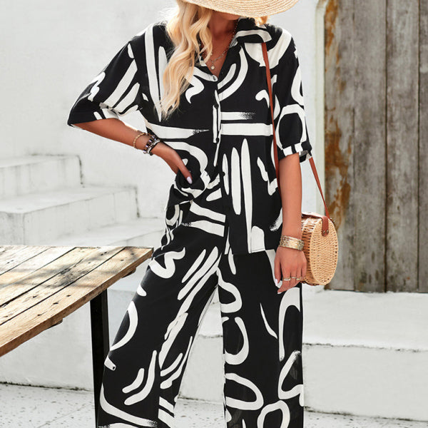 β¨ Chic & Trendy Printed Two-Piece Set β Casual Lapel Shirt & Pants for Vacation βοΈ