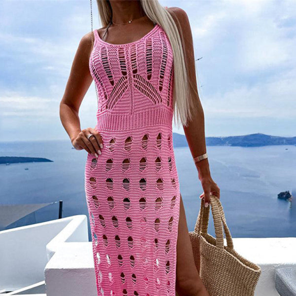π©Ά Chic Knitted Hollow Out V-Neck Slit Dress β Sexy & Stylish Must-Have π«