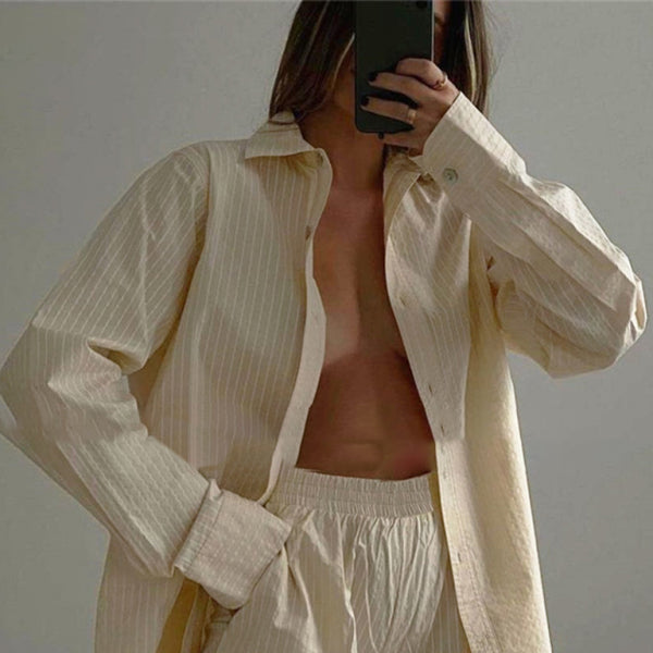 ✨ Striped Two-Piece Set – Chic & Comfy Shirt and Shorts Outfit for Any Season ✨