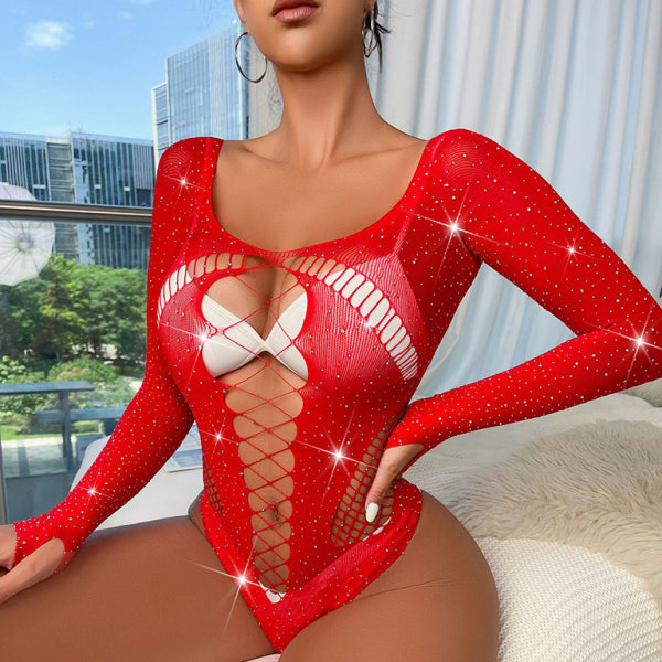 ✨ Shiny Diamond Fishnet Lingerie – Sexy & Daring One-Piece Bodysuit ✨