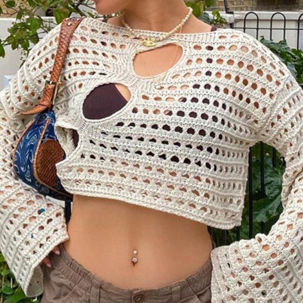 π€ Sexy Hollow Knit Blouse β Hot Girl Irregular Cutout Top for Trendy Looks β¨