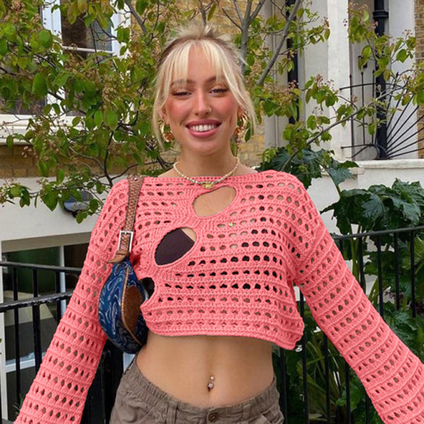 π€ Sexy Hollow Knit Blouse β Hot Girl Irregular Cutout Top for Trendy Looks β¨
