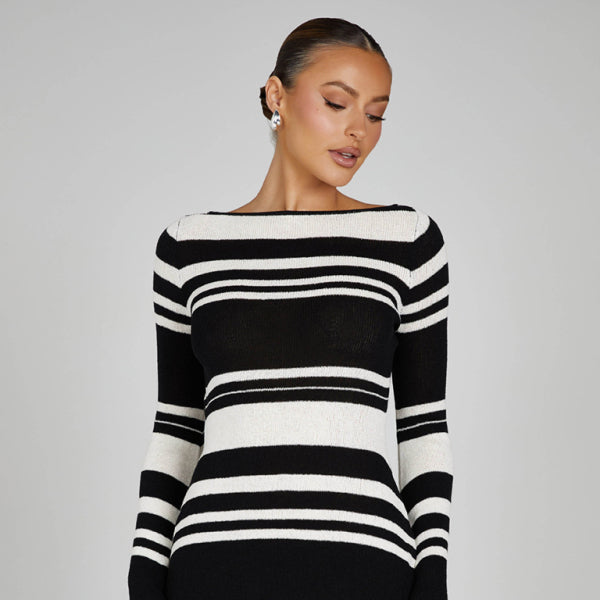 ✨ Chic & Sexy Striped Knit Dress – Backless, Bell Sleeves, Slim Fit ✨