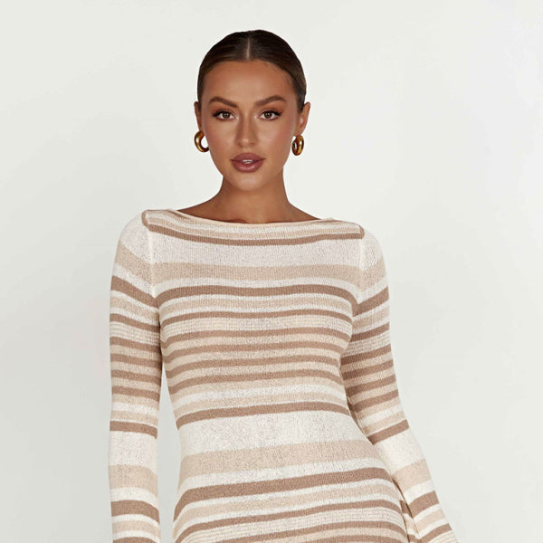 ✨ Chic & Sexy Striped Knit Dress – Backless, Bell Sleeves, Slim Fit ✨