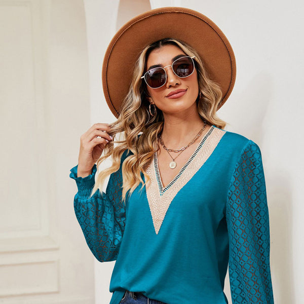 ποΈ Chic V-Neck Lace Patchwork Long Sleeve Top β Effortless & Stylish β¨