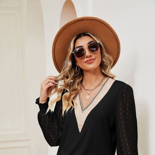 ποΈ Chic V-Neck Lace Patchwork Long Sleeve Top β Effortless & Stylish β¨