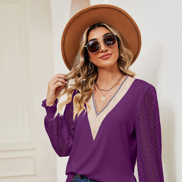 ποΈ Chic V-Neck Lace Patchwork Long Sleeve Top β Effortless & Stylish β¨