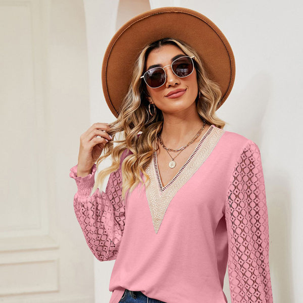 ποΈ Chic V-Neck Lace Patchwork Long Sleeve Top β Effortless & Stylish β¨
