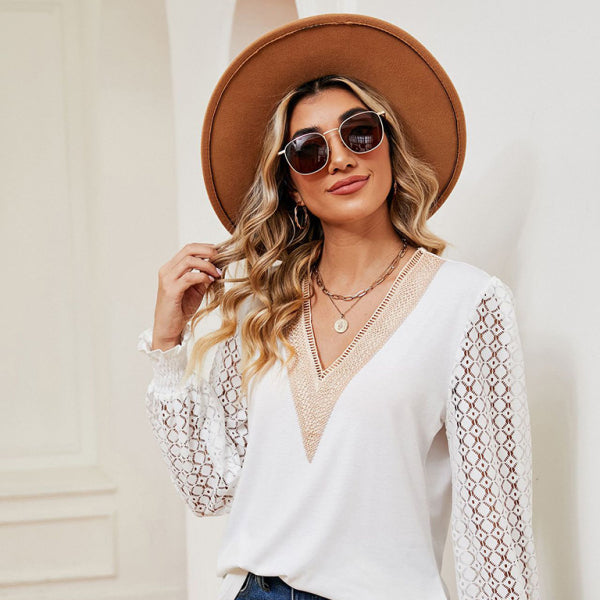 ποΈ Chic V-Neck Lace Patchwork Long Sleeve Top β Effortless & Stylish β¨