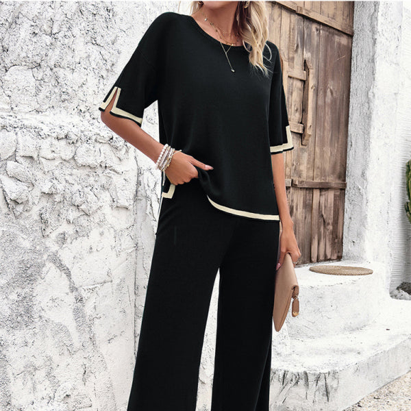 β¨ Trendy Color Block Knit Two-Piece Set β Chic Short Sleeve & Trousers Outfit β¨