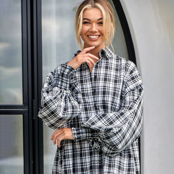🖤 Cozy Plaid Lantern Sleeve Shirt – Trendy, Soft & Chic for Fall 🍂