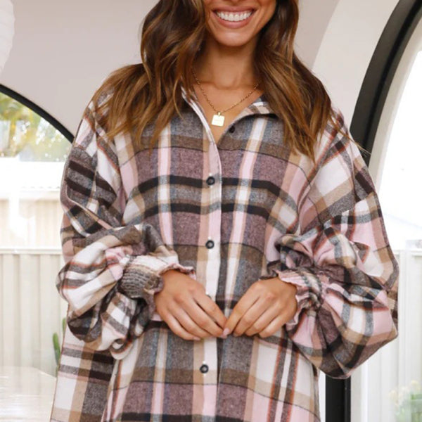 🖤 Cozy Plaid Lantern Sleeve Shirt – Trendy, Soft & Chic for Fall 🍂