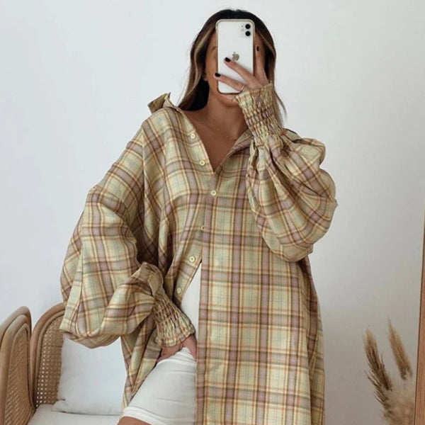 🖤 Cozy Plaid Lantern Sleeve Shirt – Trendy, Soft & Chic for Fall 🍂