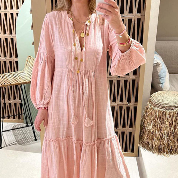 β¨ Boho Chic V-Neck Puff Sleeve Dress β Cotton Linen Flowy Summer Outfit β¨