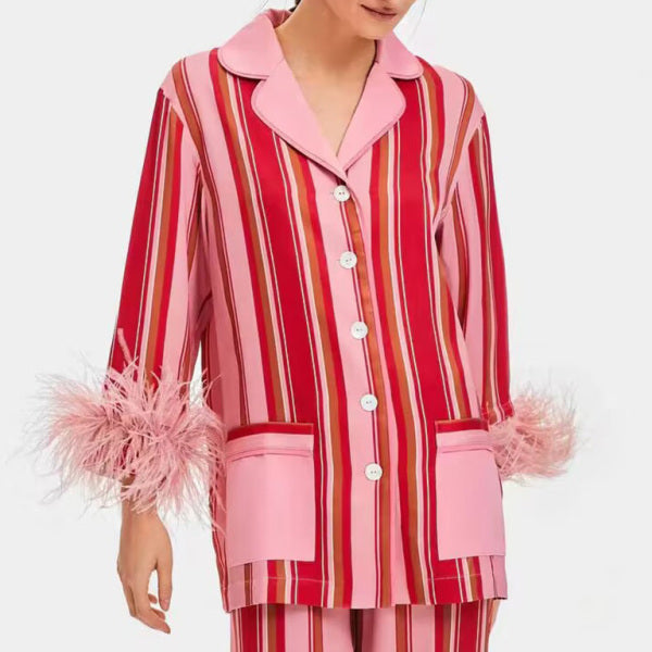 β¨ Trendy Striped Feather Lounge Set Comfy Two-Piece Pajamas for Chic Relaxation β¨