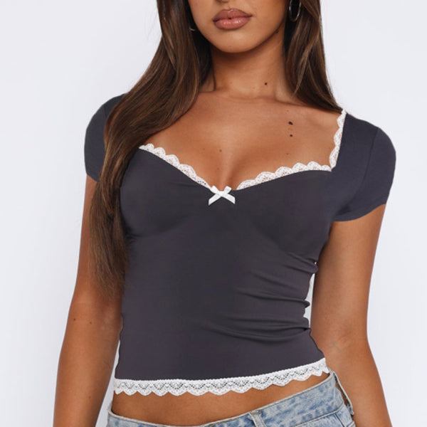✨ Chic Lace Hem Bow T-Shirt Short Sleeve – Cute & Flirty Spring Summer Top ✨