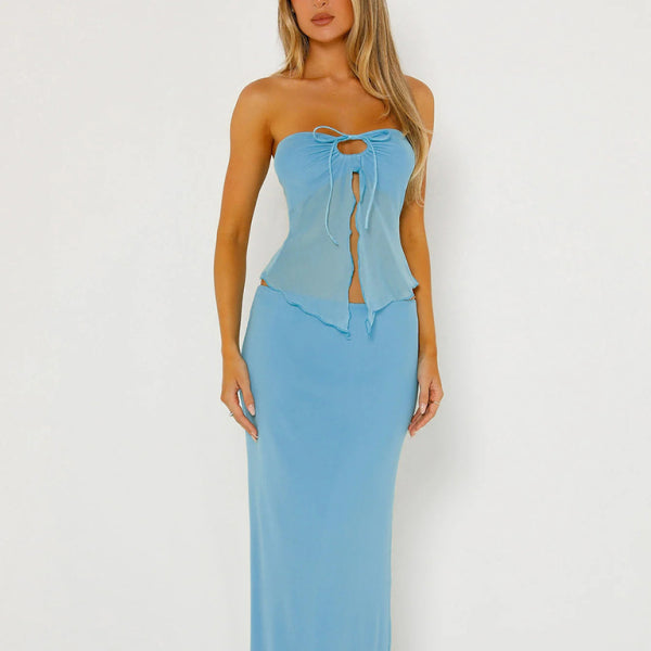 β¨ Chic Mesh Two-Piece Set β Sleeveless Tube Top & Slit Maxi Skirt for Day to Night β¨