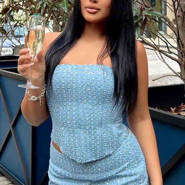 β¨ Sexy Denim Sequin Tube Top & Skirt Set β Trendy Two-Piece Outfit for Parties & Nights Out β¨