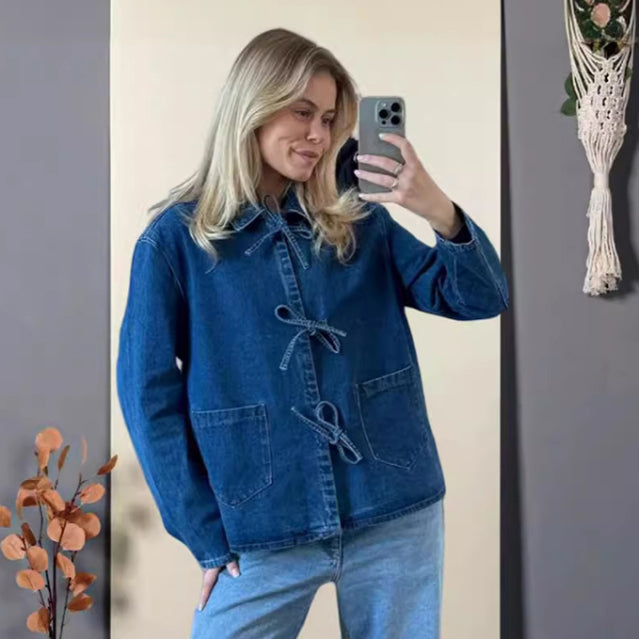 Chic Denim Lace-Up Pocket Top Stand Collar Trendy Casual Shirt