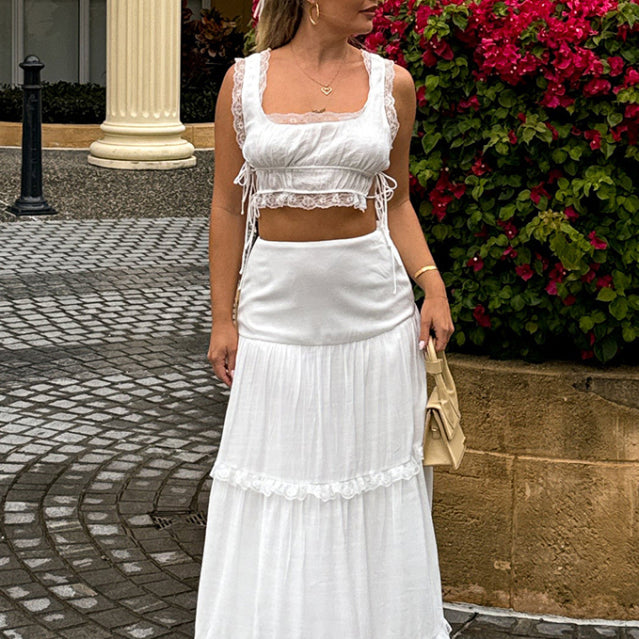 ✨ Chic Solid Color Lace-Up Top & Long Skirt Set – Trendy & Stylish Outfit for Any Occasion ✨