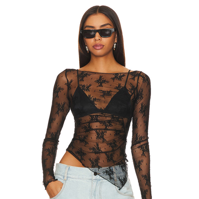 π₯ Sexy Sheer Lace Mesh Top Long Sleeve Stand Collar β Trendy & Chic π«