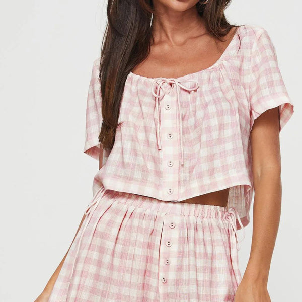 π©· Cute Pink Plaid 2-Piece Set Bow Tie Top and Button Shorts β Trendy Spring Outfit πΈ