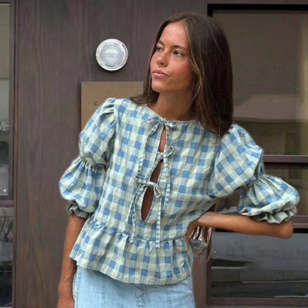 ✨ Chic Puff Sleeve Tie Waist Blouse – Cute & Stylish Round Neck Top for Any Occasion ✨