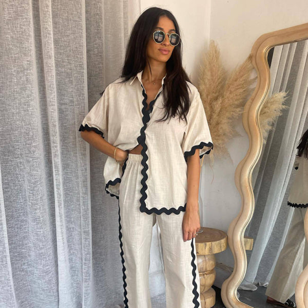 ✨ Chic Lace Splicing Two-Piece Set – Casual & Comfy Shirt + Trousers for Effortless Style ✨