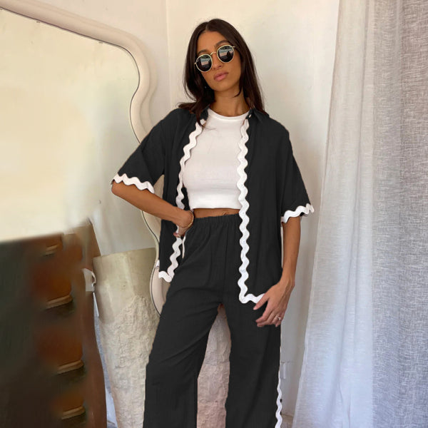 ✨ Chic Lace Splicing Two-Piece Set – Casual & Comfy Shirt + Trousers for Effortless Style ✨